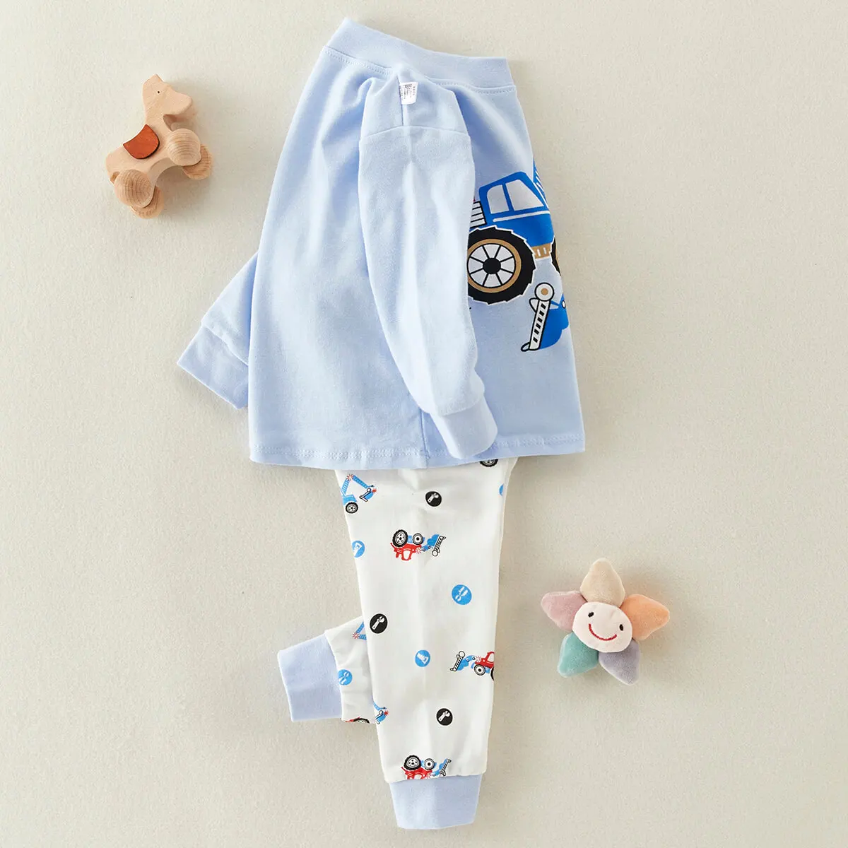 Hibobi-Conjunto de pijama de algodón puro con cuello redondo para niños pequeños, conjunto de 2 piezas con patrón de coche, pantalones, ropa informal para el hogar