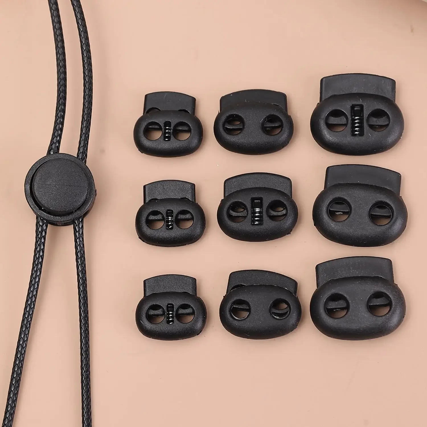 Ein-/Doppelloch-Kordelstopper aus Kunststoff, Schwarz, Kordelenden, Schnallenknöpfe für Schnürsenkel, Hüte, Sportbekleidung, Taschenzubehör – Detail 8
