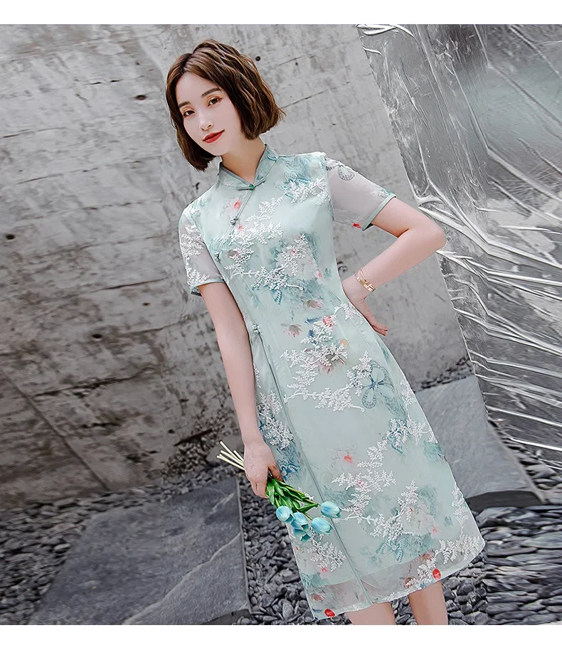 New 7 Colors Women Mid Long Plus Size Cheongsam Lace Embroidery 3/4 Sleeve Vintage Dress Improved Qipao S To 4XL