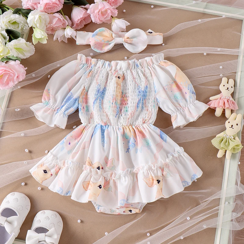 

Комбинезон без рукавов с цветочным принтом для маленьких девочек, рюшами по краю и подходящим комплектом с повязкой на голову для летней одежды и фотосессий