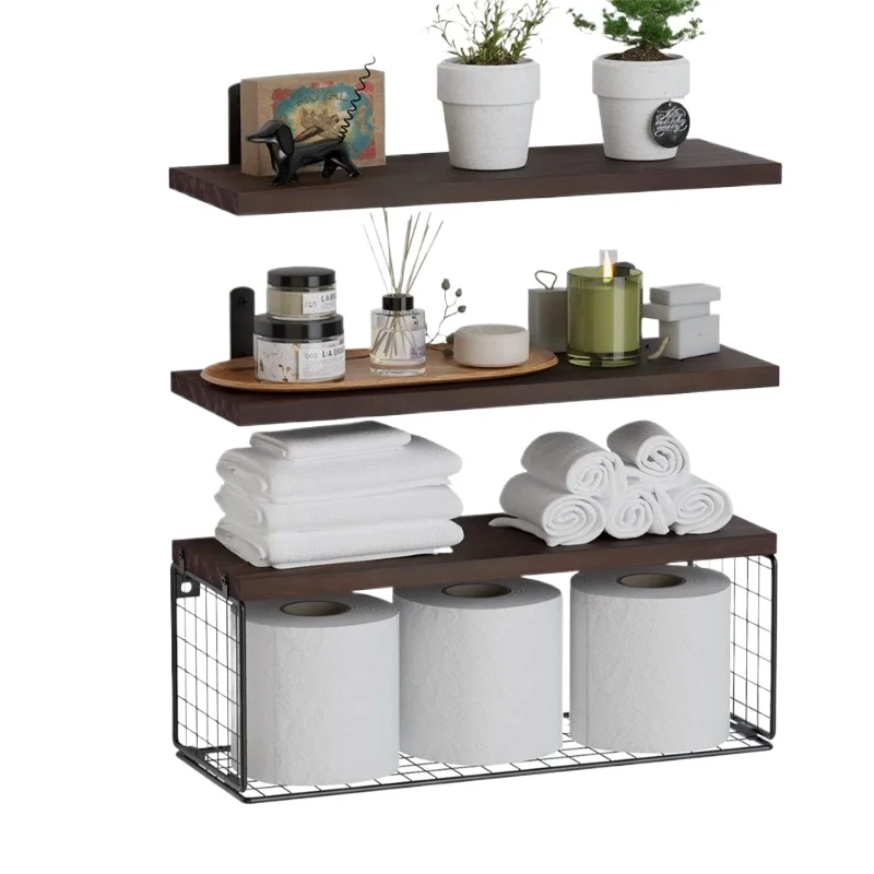 Wooden Wall Mount Floating Shelf Multi-Tier Bathroom Storage Rack Toilet Paper Holder Basket Wall Hanging Bathroom Organizer