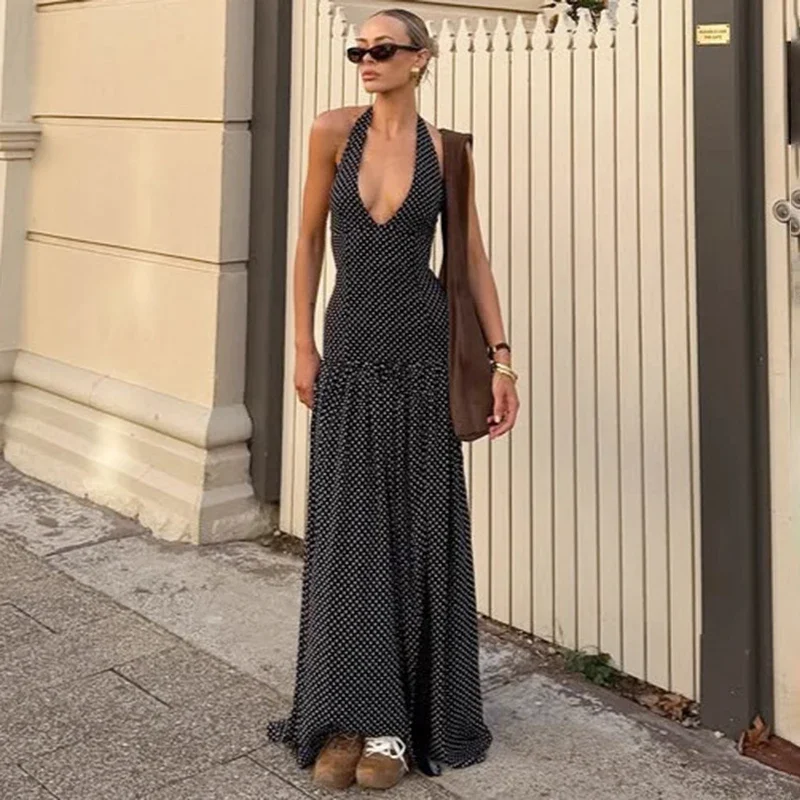 

Sexy Slit Polka Dot Dress Female V neck Hlater Lace Up Long Dress Fashion Backless Summer Vacation Clothes Female Slim