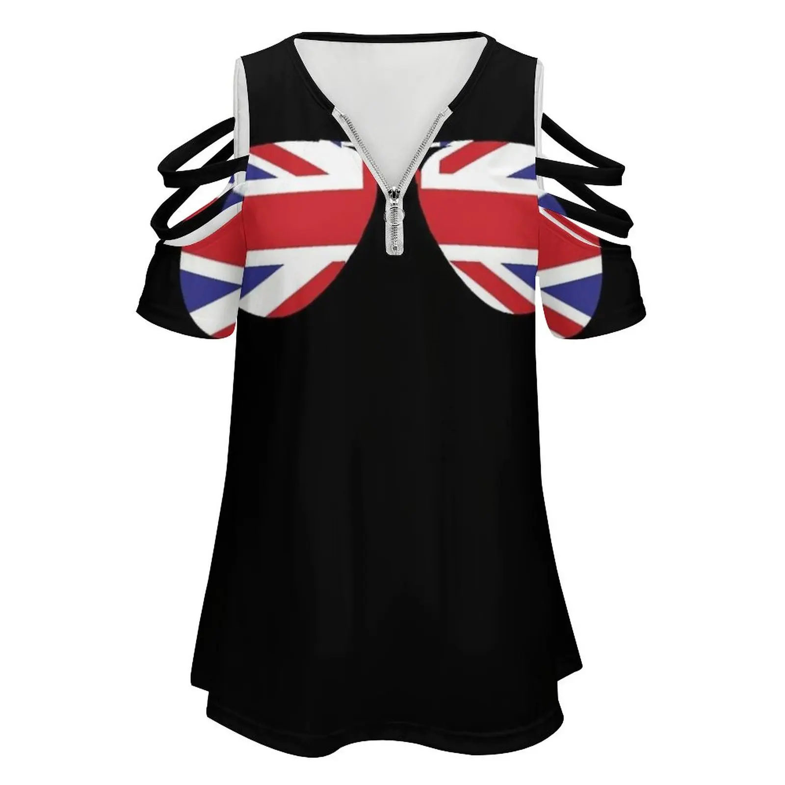 Union Jack Women's T-Shirt New Fashion Printed Zipper V-Neck Short Sleeve T Shirts Casual Plus Size Uk Union Union Jack United