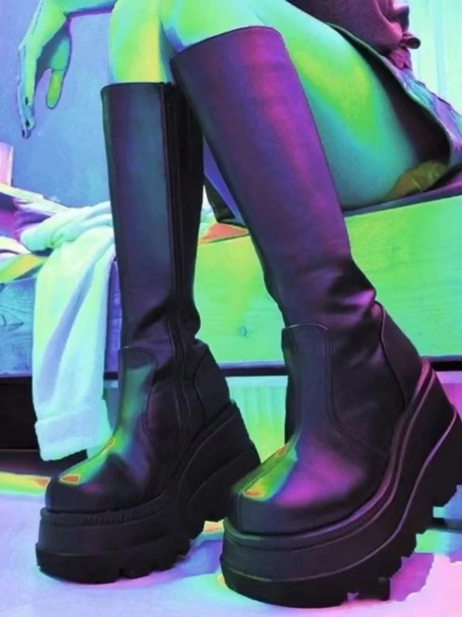 

Ретро-американские пикантные девушки Y2K Готические высокие сапоги-трубы Thi Bot Knee High Big Head High Heel Faionable Зимние водонепроницаемые сапоги...