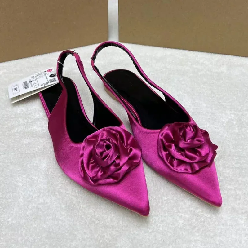 Elegant Woman Flat Heeled Shoes Retro Style Rose Pointed Toe Fashion Design Slip-on Female Footwear 2023 Summer Ladies Sandals