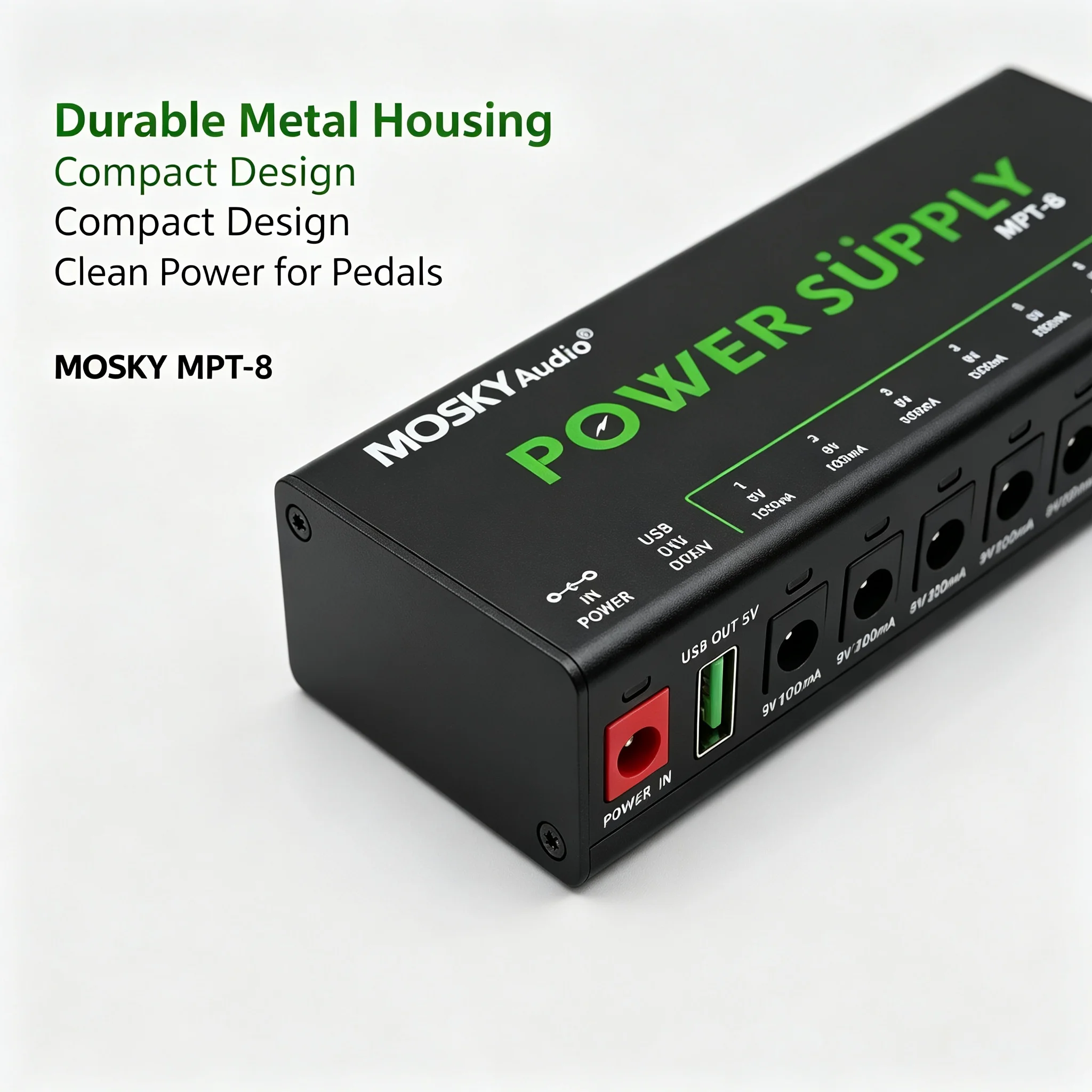 Mosky Mpt-8 Effect Pedal Power Supply Isolated Dc 8 Outputs 9V 100Ma 300Ma 500Ma 18V 300Ma 5V USB Port