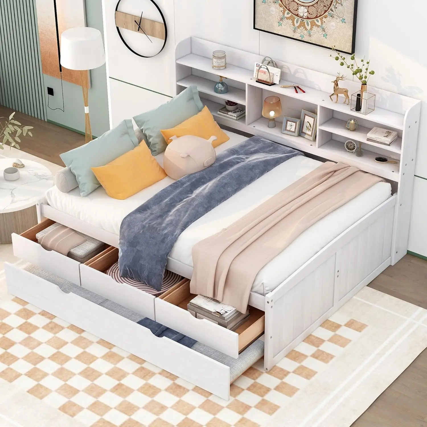 

Full Size Captain Bed, Full Beds with Trundle and Storage Drawers, Wood Daybed Frame with Bookcase Headboard and Slats Support