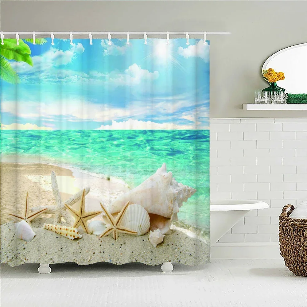 High Quality Sunny Beach Printed Fabric Shower Curtains Sea Scenery Bath Screen Waterproof Products Bathroom Decor with 12 Hooks