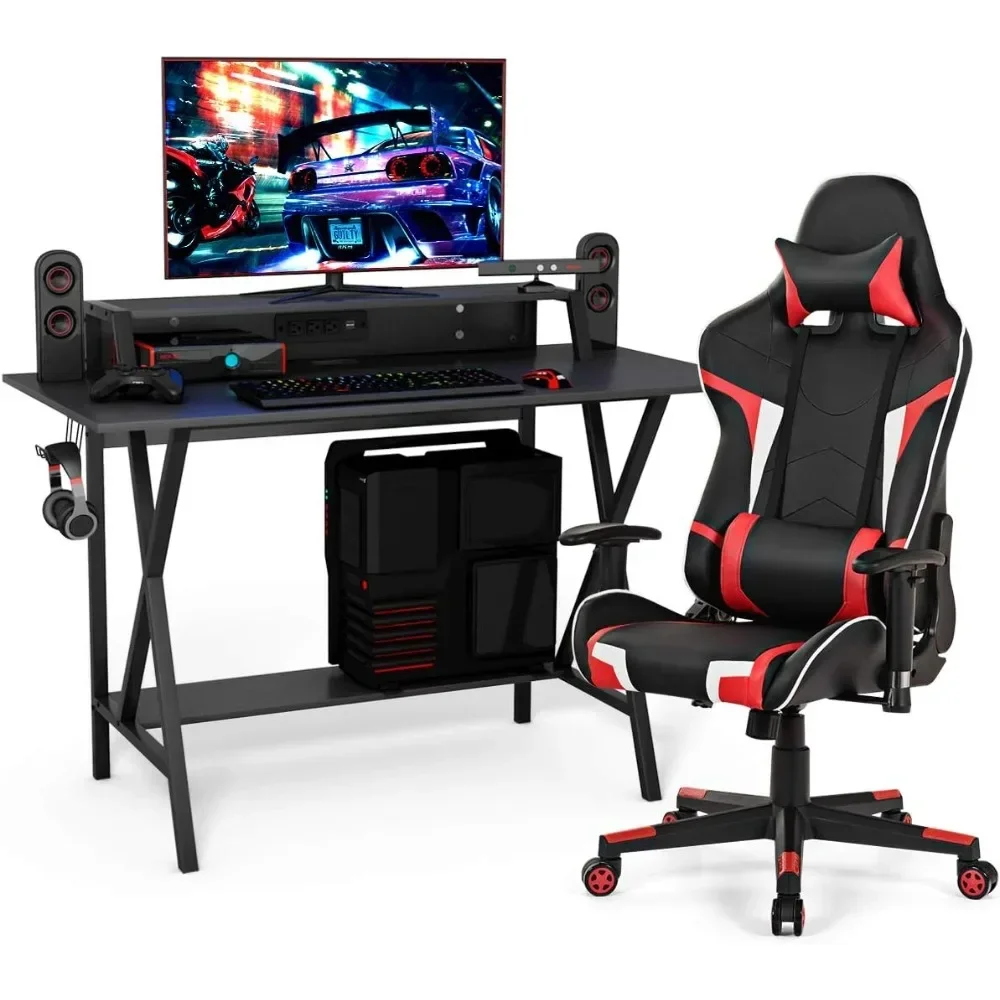 

Ergonomic E-Sport Gamer Desk & Racing Chair Set w/Cup Holder, Monitor Stand, Earphone Hook, Massage & Headrest