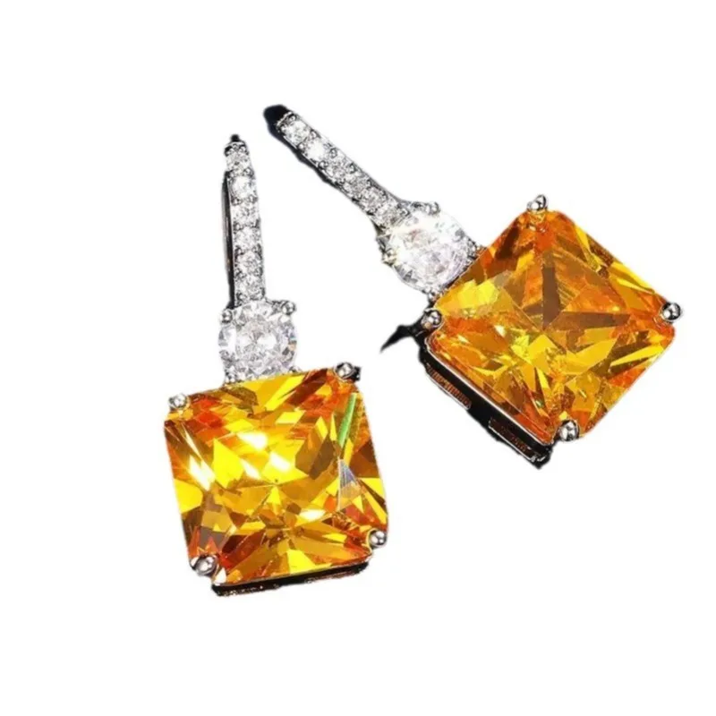 Luxury ice flower yellow earrings, fashionable temperament, versatile micro-inlaid zircon ear hooks