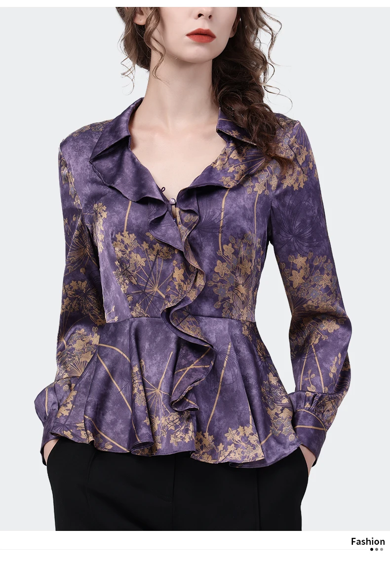 Luxury Women Long Sleeve V-Neck Purple Satin Printed Shirt 2022 Autumn New Elegant Slim Ruffles Tops Fashion Casual 90s Blouses