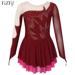 Kids Girls Figure Skating Dress Hook Finger Long Sleeve Patchwork Rhinestone Ice Skating Dresses Ballet Dance Gymnastic Costumes