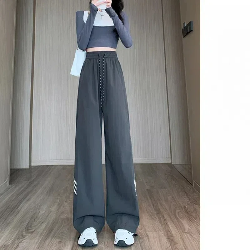 

Drawstring Young Style Women's Clothing Solid Color Elastic High Waisted Pockets Striped Casual Trousers Bloomers Cargo Pants