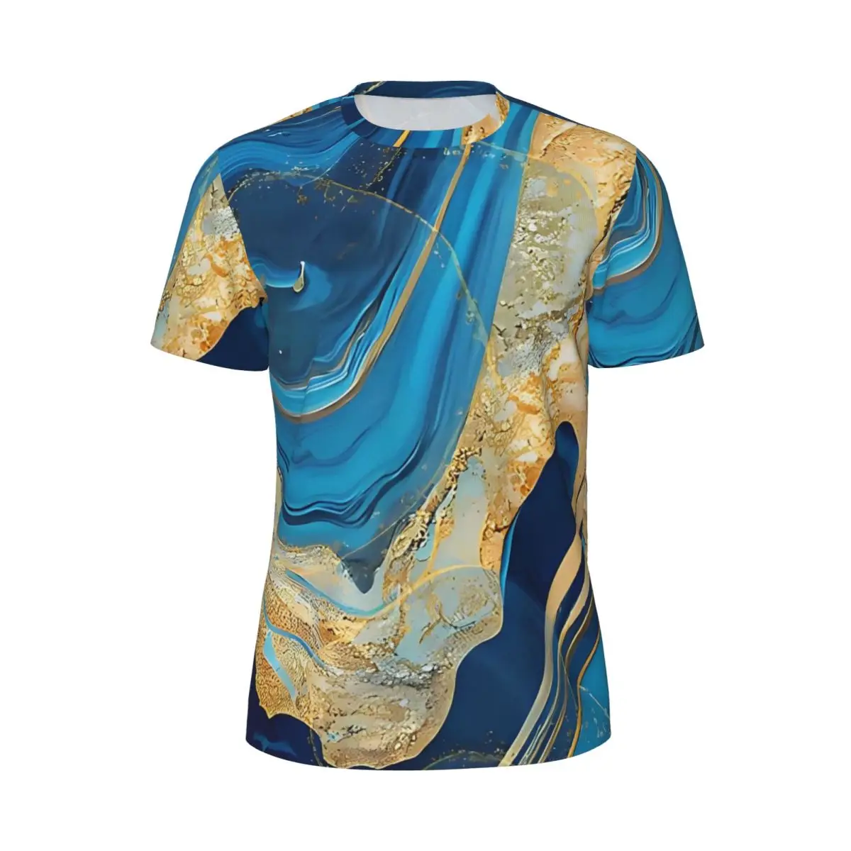 Blue And Gold Marble Print Gym T Shirt Hippie T-Shirts Male Streetwear Tee Shirt Summer Short-Sleeve Custom Tops