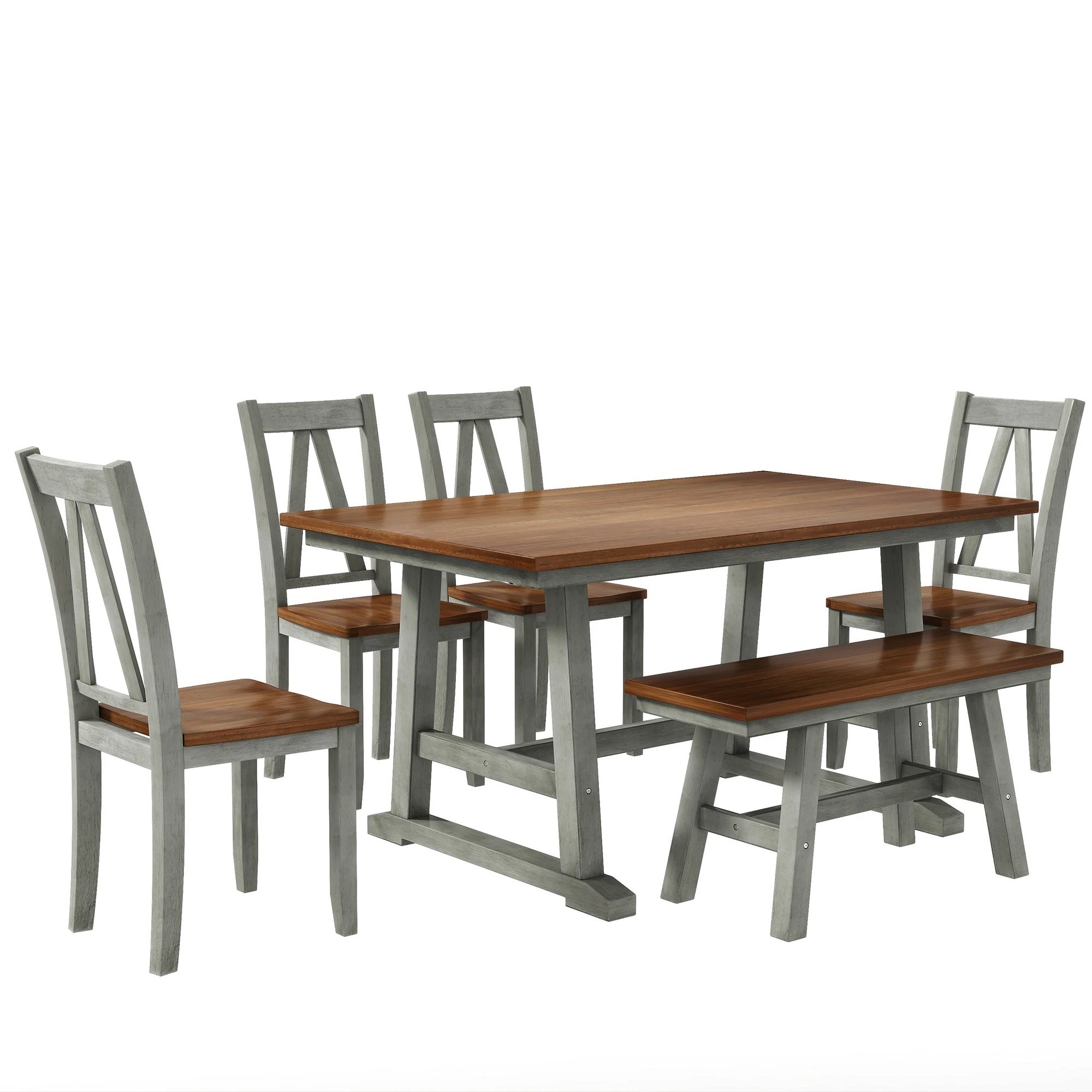 

6-Piece Wood Dining Table Set Kitchen Table Set with Long Bench and 4 Dining Chairs, Farmhouse Style, Walnut+Gray