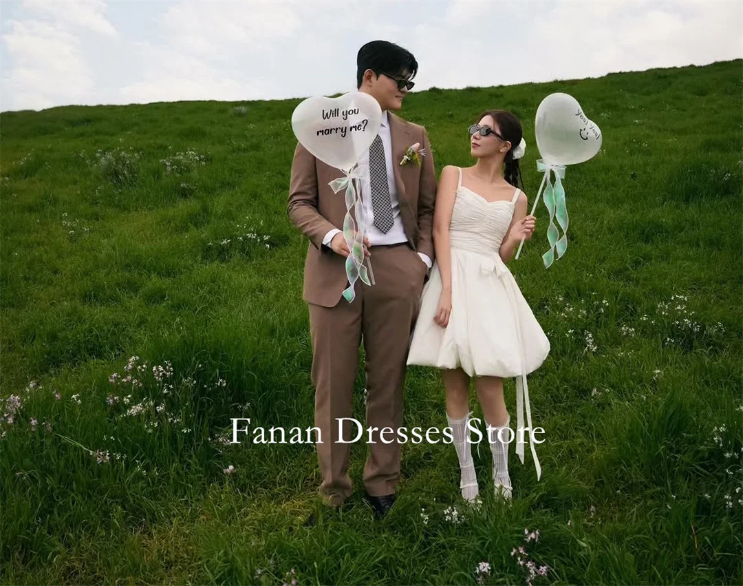 FANAN Spaghetti Strap Square Neck Mini Wedding Dress Ribbon Hem Short Puffy Elopement Bridal Gown For Outdoor Engagement Photosh