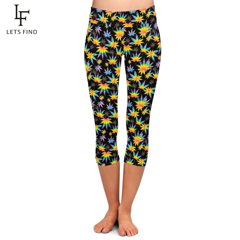 LETSFIND High Quaility 220gsm Milk Silk Print 3D Leaf Print Leggings Capri da donna Leggings elasticizzati a metà polpaccio a vita alta