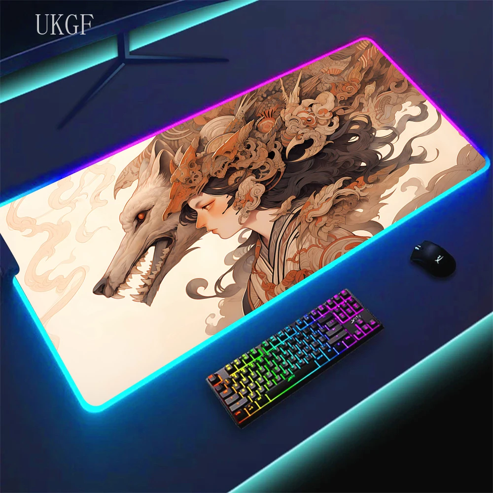 RGB Pc Gamer Keyboard Mouse Pad Wolf Clan Girl Anime Kawaii Mousepad LED Glowing Cool Mouse Mats Rubber Gaming Computer Mausepad