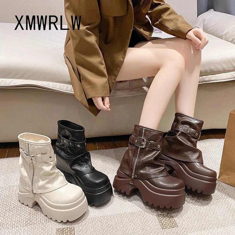 

XMWRLW 2025 Женские ботильоны из искусственной кожи, осенняя обувь, модные женские осенние ботильоны на высоком каблуке 9 см, обувь на резиновой подошве