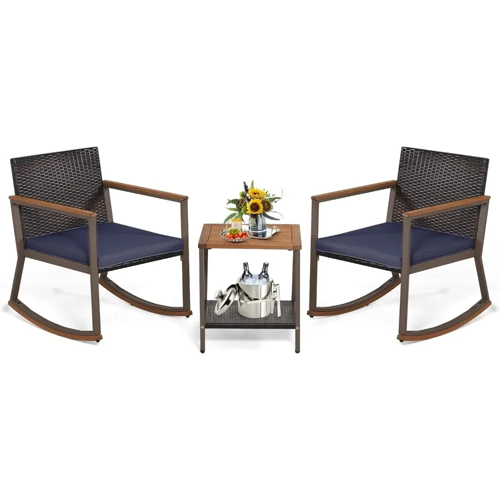 3 Pieces Rocking Bistro Set, Outdoor Rocker Chair with Coffee Table & Cushions, Patio Rattan Furniture Conversation Set