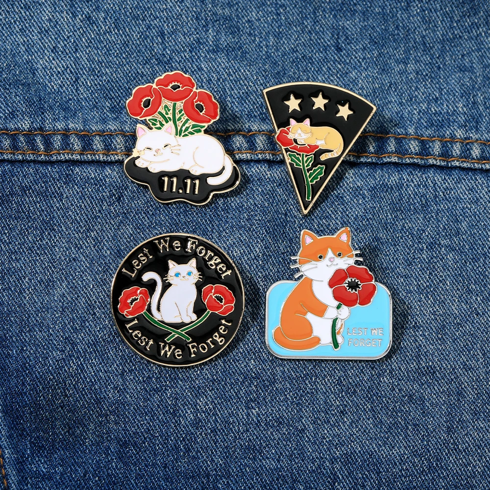 4 Styles Funny Cat And Poppy Design Lest We Forget Enamel Brooches Remembrance Day Golden Pins Memorial Day Badge