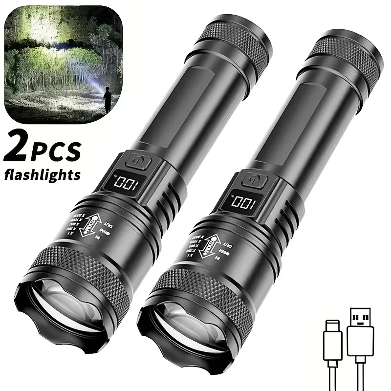 Linterna LED de Alta Potencia 1000LM, Linterna Táctica con Pantalla de Luz, Carga USB C, para Camping, Pesca, Defensa, con Zoom