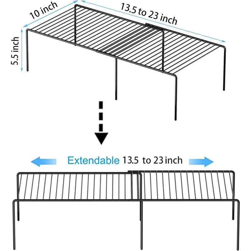 Cabinet Storage Shelf Rack, 8 Piece Expandable Metal Rustproof Kitchen Counter and Cabinet Shelf, , Black, Set of 4