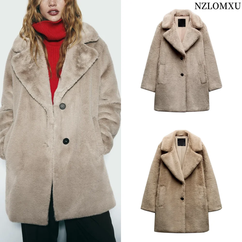 Women\'s Faux Fur Jacket Coat Fall Winter New Lapel Collar Long Sleeves Welt Pockets Thicken Overcoat Female Warm Outerwear