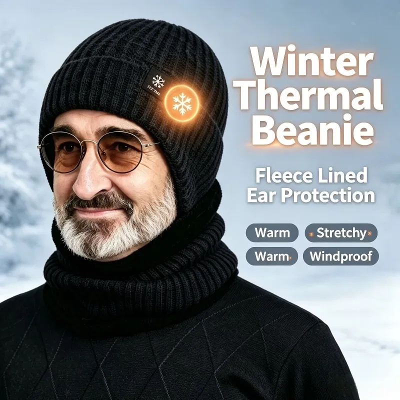 Men Winter Knitted Hat Plush Warmth Peaked Cap Outdoor Earmuff Casual Fashion Faux Fur Lined Beanie Hats Cycling Ear Protection