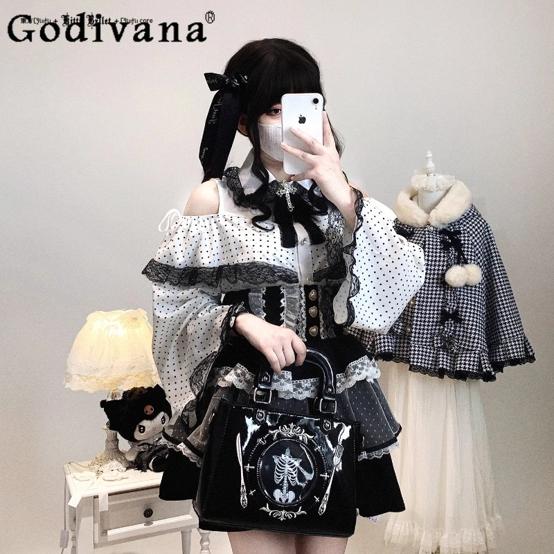 

Original Mine Polka Dot Print Sweet Lolita Long Sleeve Shirt Spring Autumn New Girls Women's Slim Fit Lace Off-Shoulder Blouses