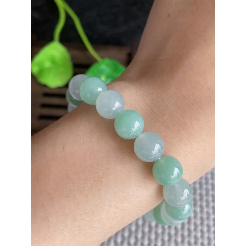 Myanmar Natural a Jade Bracelet Bead Ice-like Floating Green round Beads 19 Pieces 33.29G