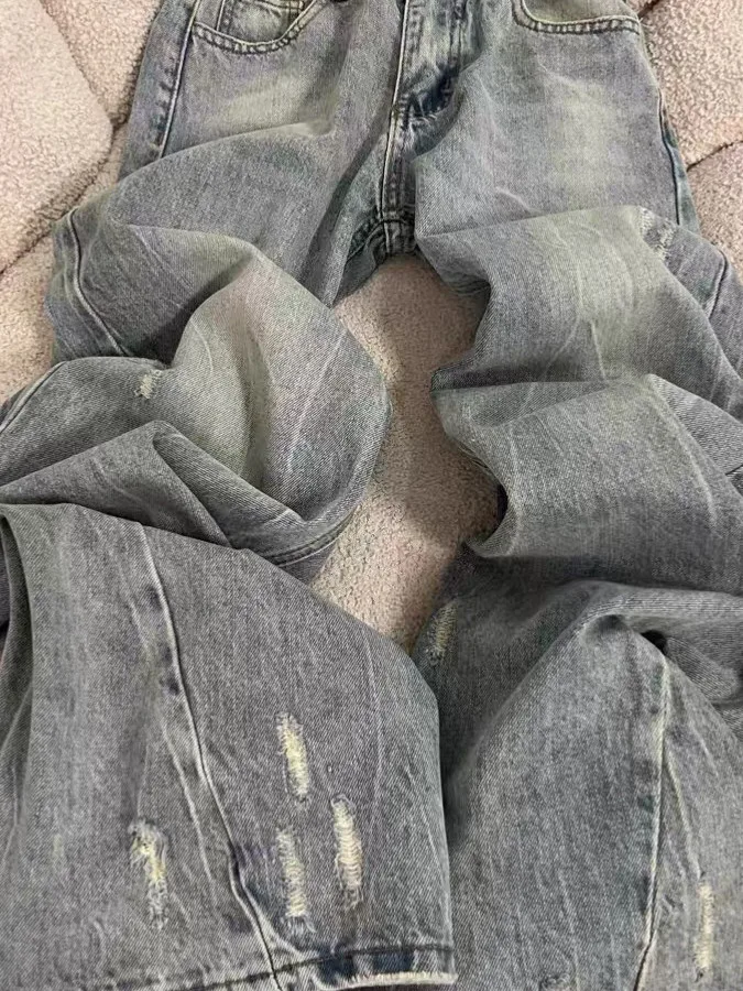 Retro American Washed Wide Leg Jeans Men Women New Style Hole Loose Straight Floor-Length Trousers Trendy High Waist Denim