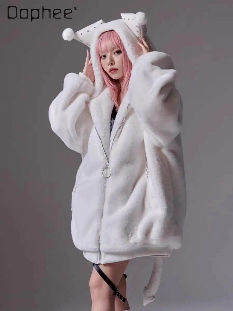 Harajuku Subkultur Anime Plüsch Jacke Nette Ohr Mit Kapuze Verdickte Warme Faux Pelz Jacken Japanische Mädchen Übergroße Jacke Frauen