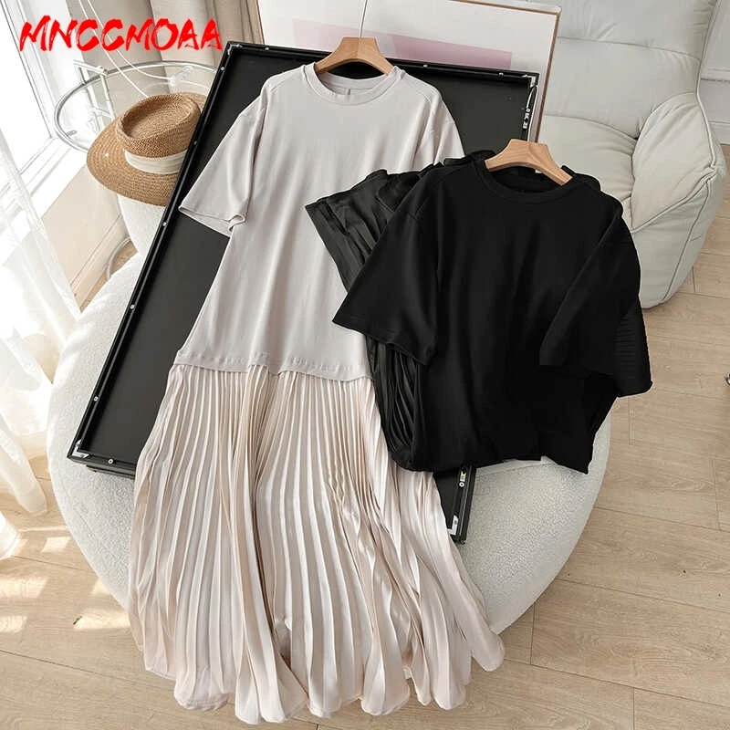 

Dress 2024 Summer Women Fashion Round Neck Splice Short Sleeve Female Solid Color Casaul Loose Dresses