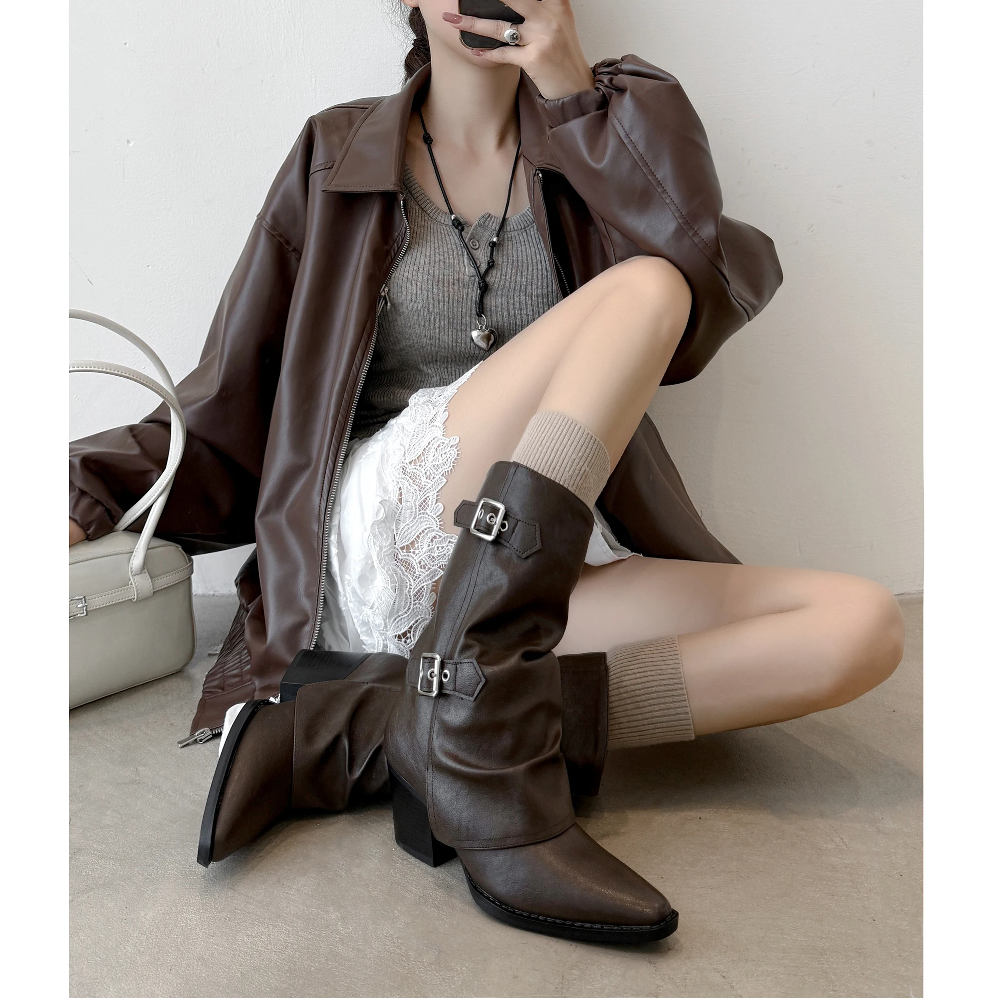 

Women's New Style Ruched Sock Boot Heels - Handcrafted Natural Cowhide Leather, Pointed Toe Comfortable Non-Slip Elegant Casual