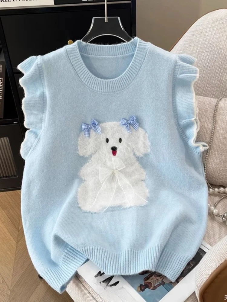 

Fashion Cute Sweater Vest Sleeveless Ruffles Cartoon Jacquard Bow Contrast Color Pullovers Preppy Style Knit Tops Women Clothing