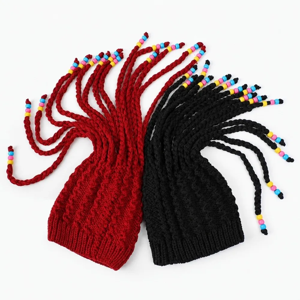 Knitted Dreadlock Beanie Color Bead Decor Faux Braid Braided Wig Hat Thick Yarn Integrated Braid Dreadlock Hat Street Styling