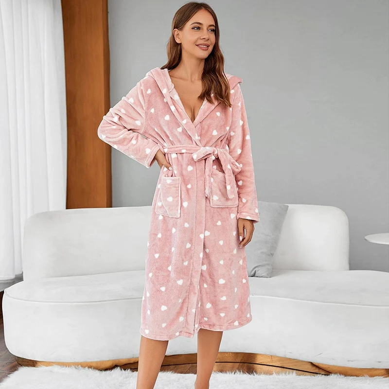 Winter Thickening Pajamas For Women Print Hooded Long Robe Cute Home Wear Sleepwear Kawaii Flannel Warm Comfy Lounge Bathrobe Pj