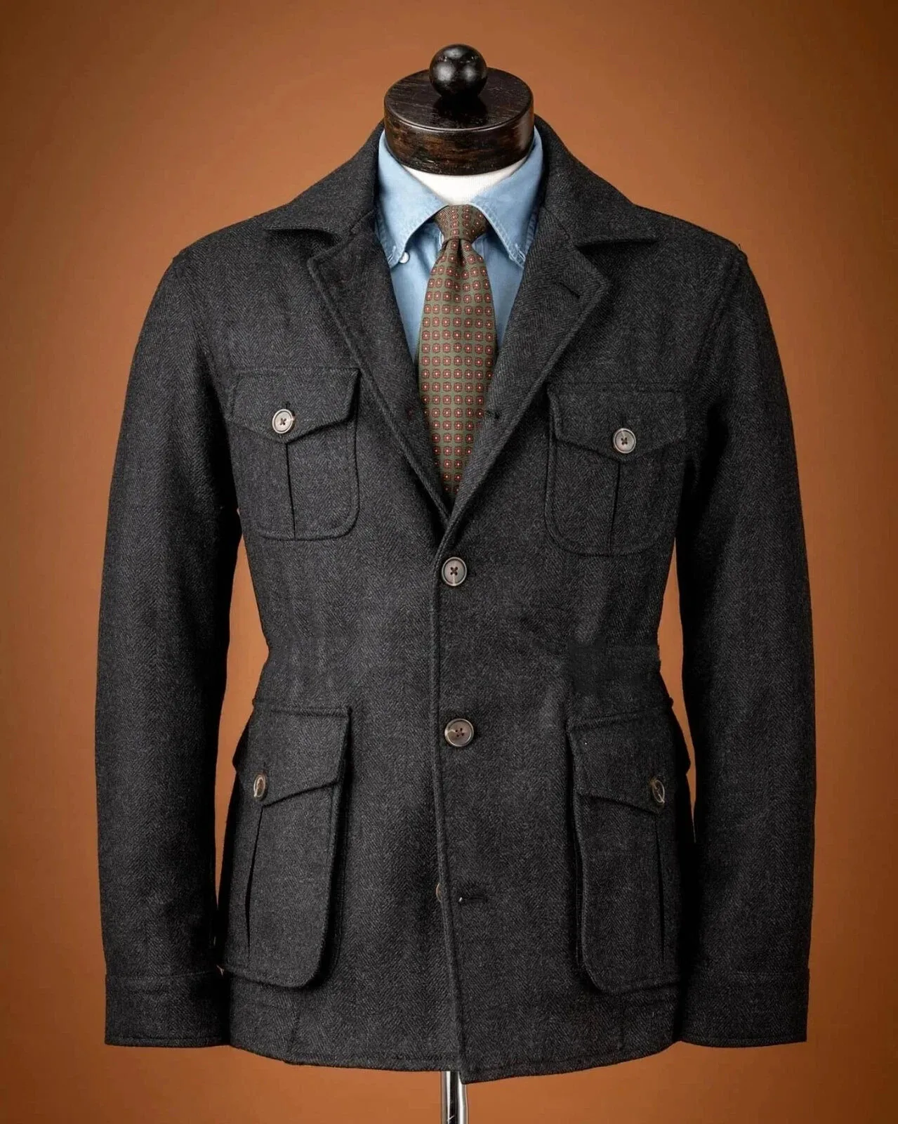 Men Dark Gray Wool Safari Jacket Vintage Notched Lapel Multi Pocket Waist Drawstring Coat British Business Prom Customized