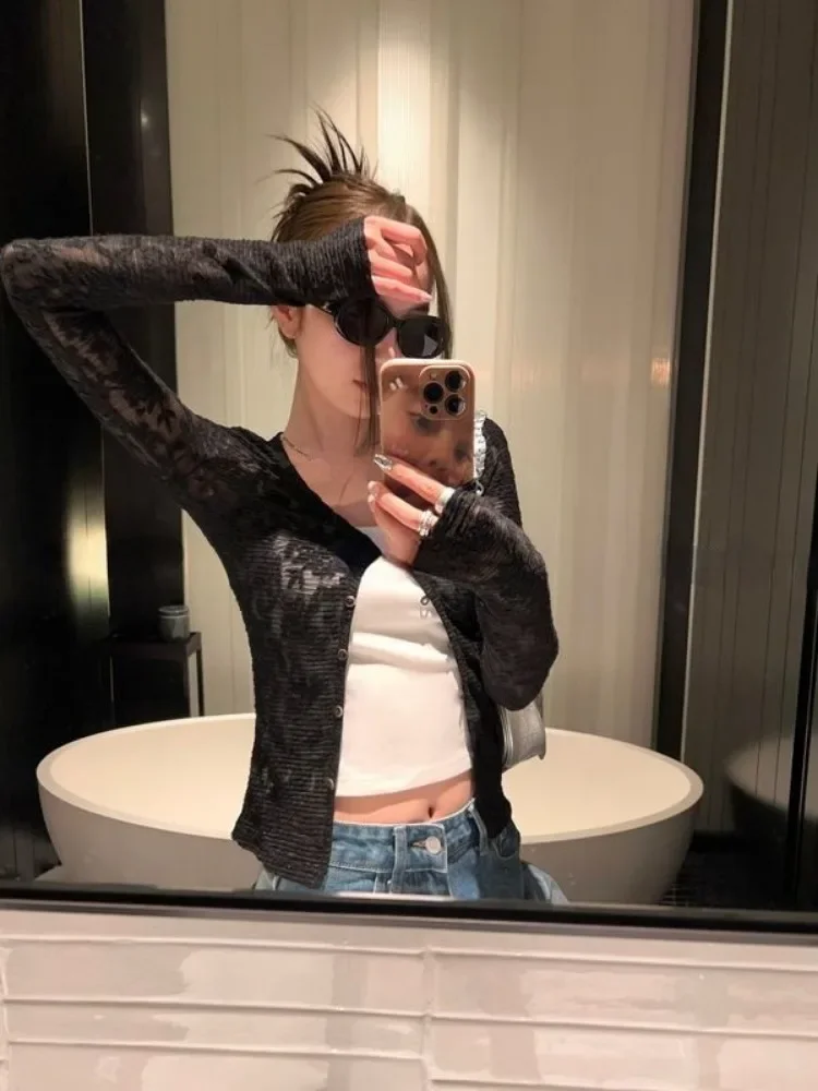 Y2K 레이스 자카드 카디건 세트 여성 하라주쿠 빈티지 싱글 브레스트 슬림 탑 일본 그런지 패션 풀 Femme Mujer