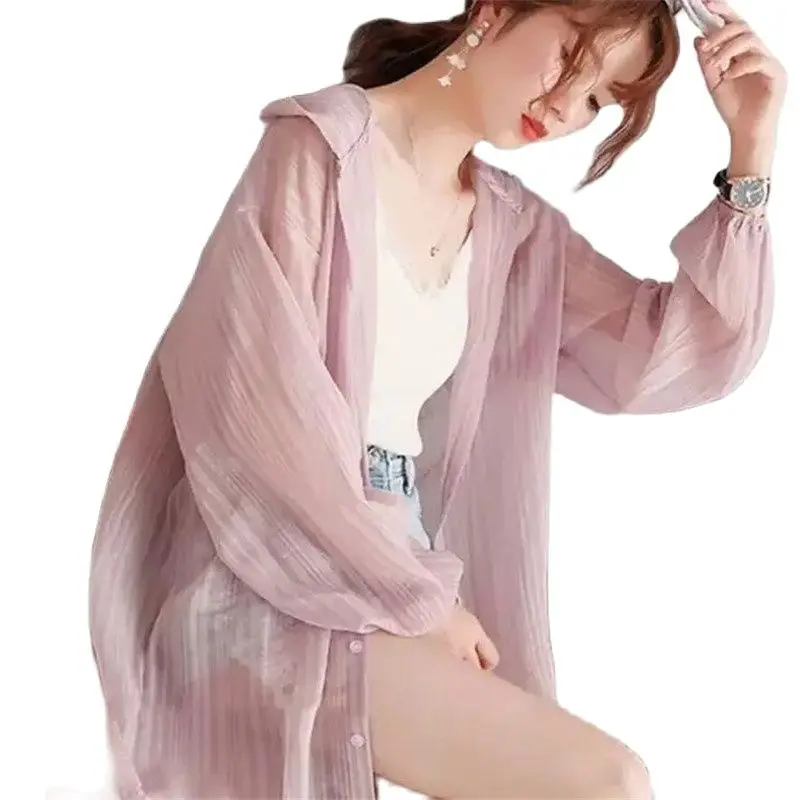 

Ice Silk Female Sun Protection Clothing Long Sleeves New 2022 Medium Long Section Summer New Hooded Wild Thin Women's Coat