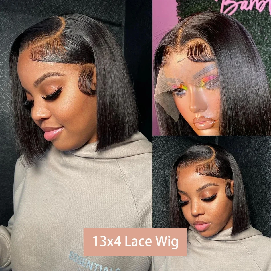 Bone Straight Short Bob Wig 200% Density 13x4 Transparent Lace Front Wigs 4x4 Lace Frontal Wig Brazilian 100% Human Hair 14 Inch