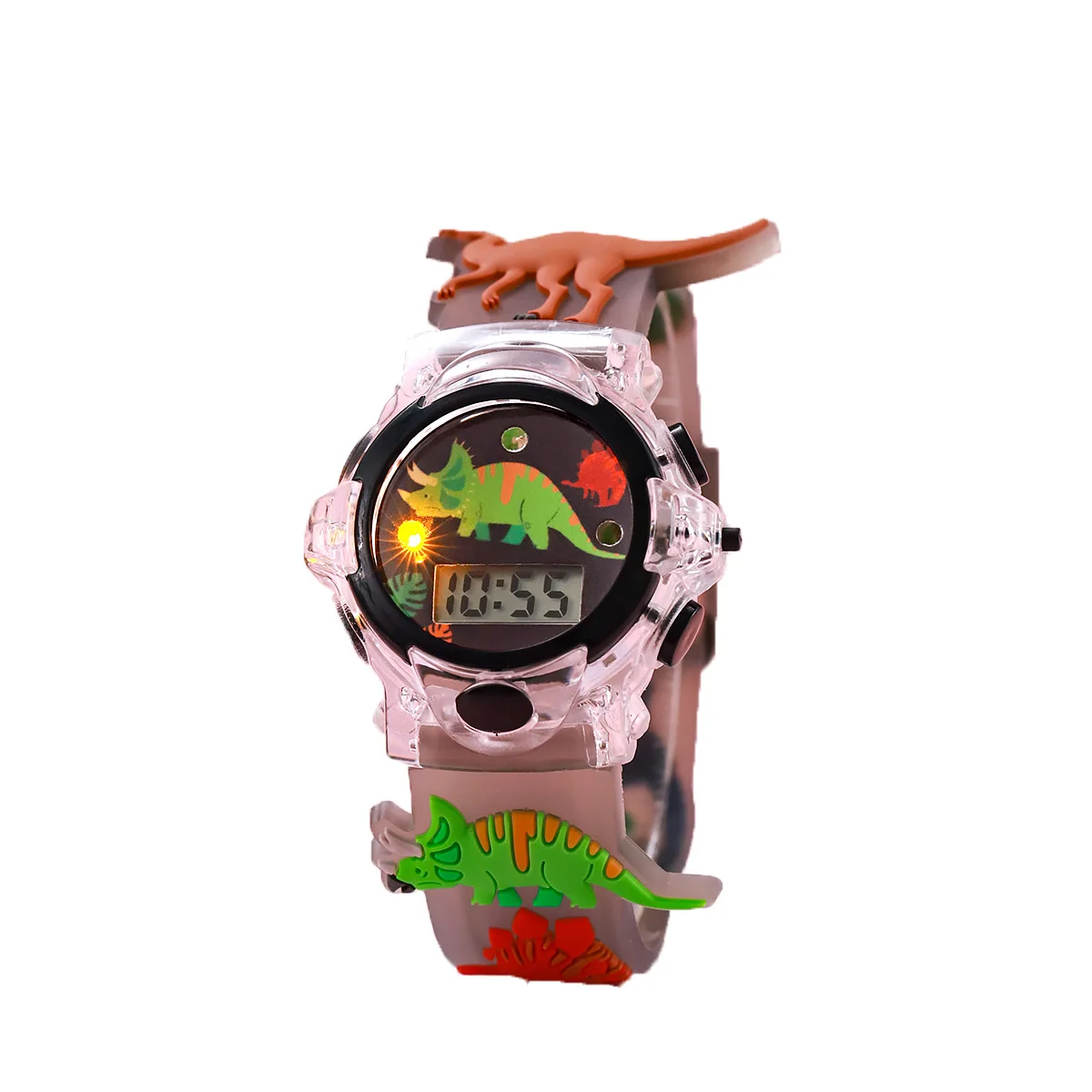 Милые и модные светящиеся часы с мультяшным динозавром и силиконовым ремешком, детские цифровые часы, подходят для детского повседневного использования.