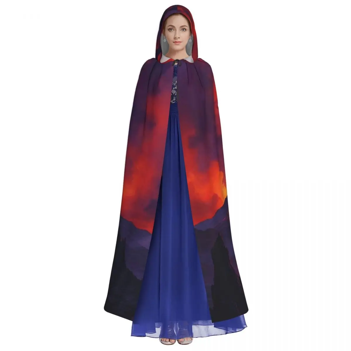 밤에 화산 폭발 긴 후드 망토 마녀 중세 의상 코스프레 케이프 할로윈 뱀파이어 성인 유니섹스