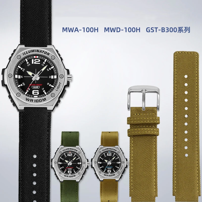 Nylon Canvas Waterproof Watch Band for Casio Watch 5577 MWA-100H MWD-100H GST-B300 Silicone Strap 20mm Black Khaki Wristband