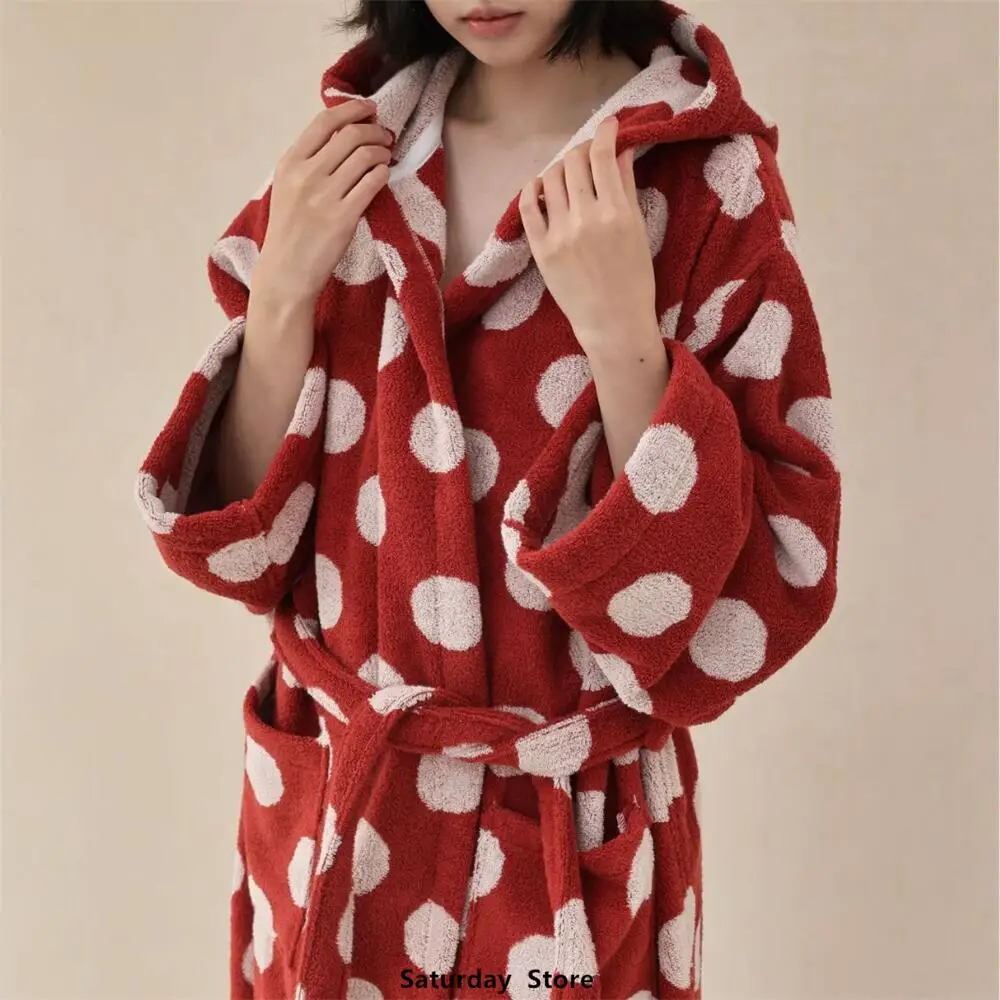 

Retro Wave Dots Cotton Bathrobe Parent-child Set Hooded Floral Patter Yarn Dyed Cotton Soft Soft Absorbent Bath towel Robes