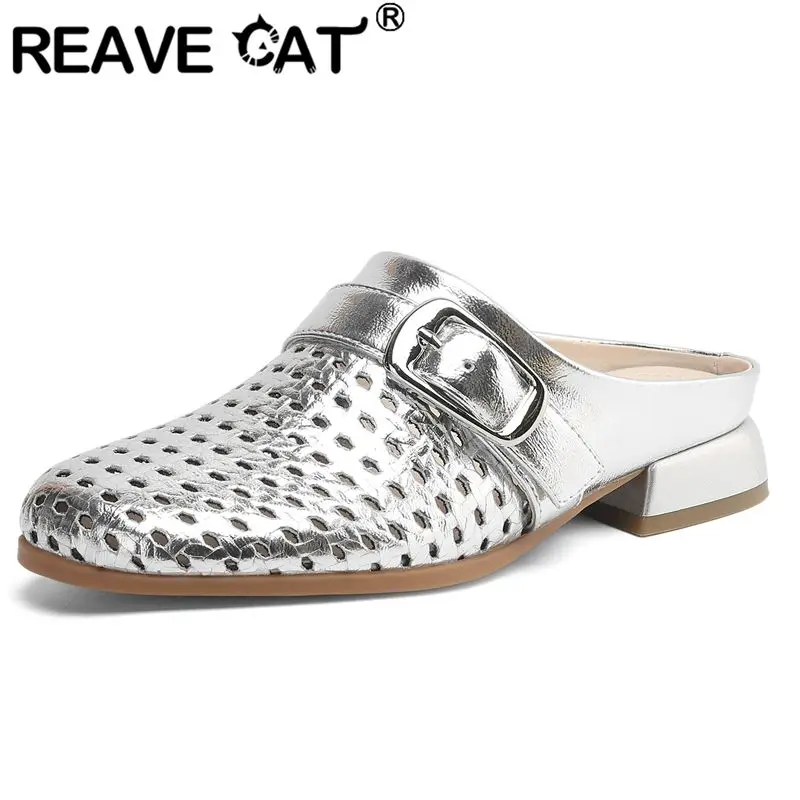 

REAVE CAT 2025 Summer Fashion Women Sandals Cutout Low Heels Slip On Mules Belt Buckle Soft Daily Casual Shoes Gold 40 Silver