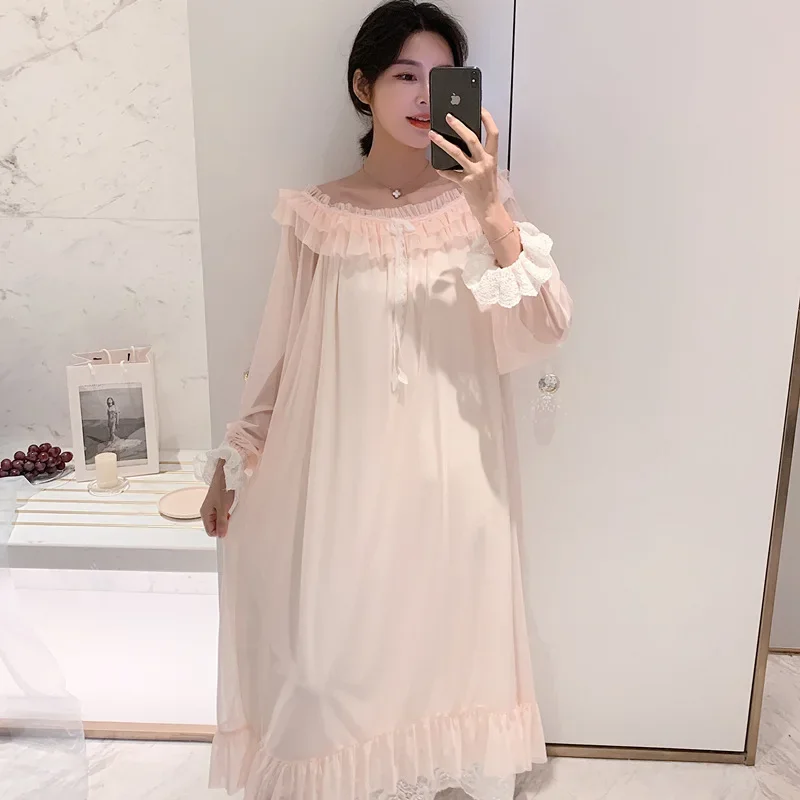 

Sleepshirts Fashion Nightgown Ladies Lingerie Womens Sexy Sleepwear Long Sleeve Nightdress Nightwear Lace Palace style dress