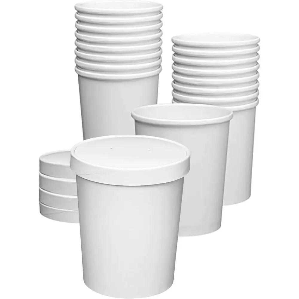 

250 Pack White Paper Food Containers with Vented Lids, Portable Soup Bowls, Disposable Ice Cream Cups (32oz)