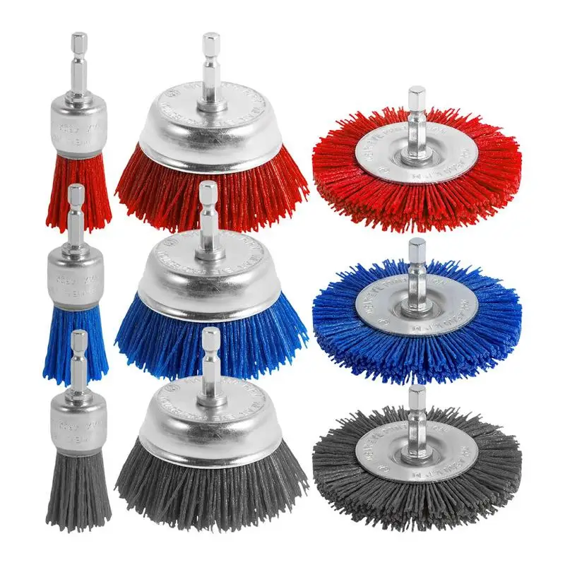 

Abrasive Filament Nylon Brush Drill Wheel Wire Bristle Nylon Drill Brush Versatile Abrasive Brushes 1/4 Inch Hex Shank 9-Piece